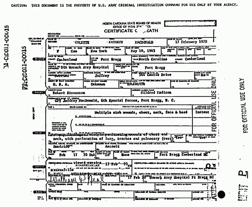 Death certificate and autopsy report of Colette MacDonald, p. 1 of 13