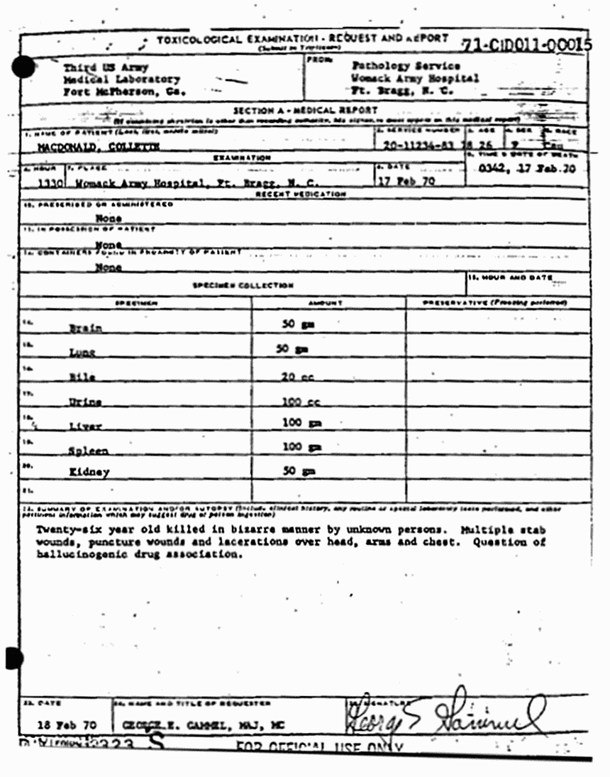 Death certificate and autopsy report of Colette MacDonald, p. 13 of 13