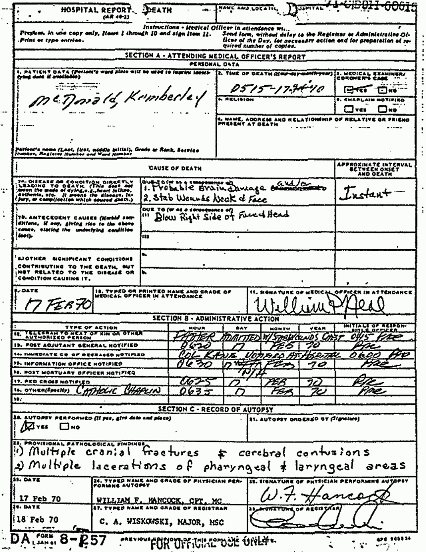 Death certificate and autopsy report of Kimberley MacDonald, p. 8 of 13