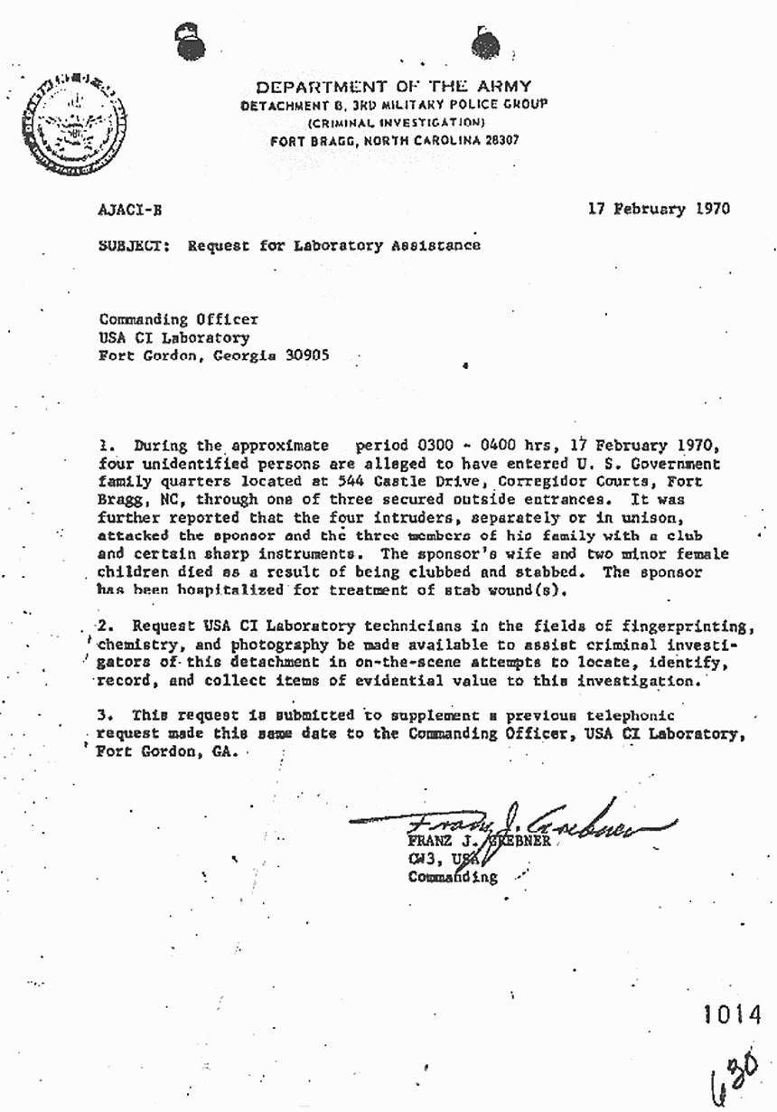 February 17, 1970: Franz Grebner's request for lab team to gather evidence