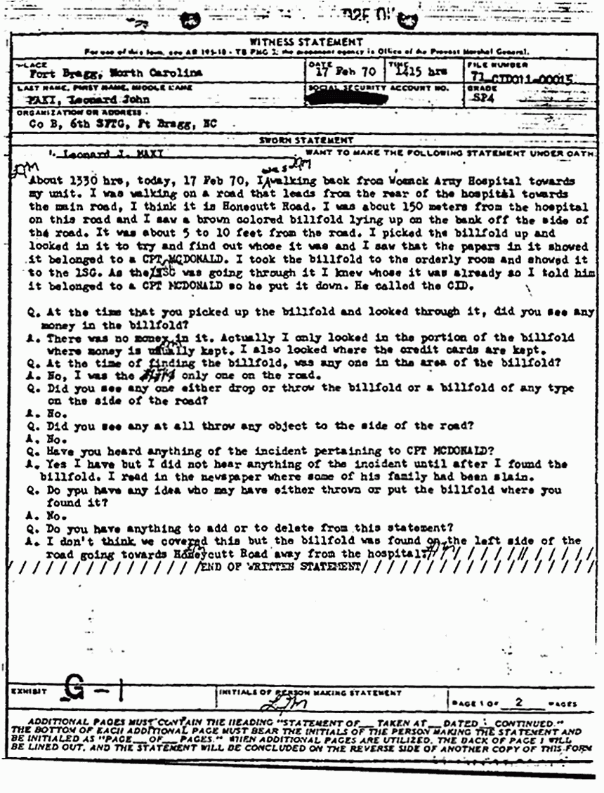 February 17, 1970: Statement of Leonard Maki re: the finding of Jeffrey MacDonald's wallet,  p. 1 of 2