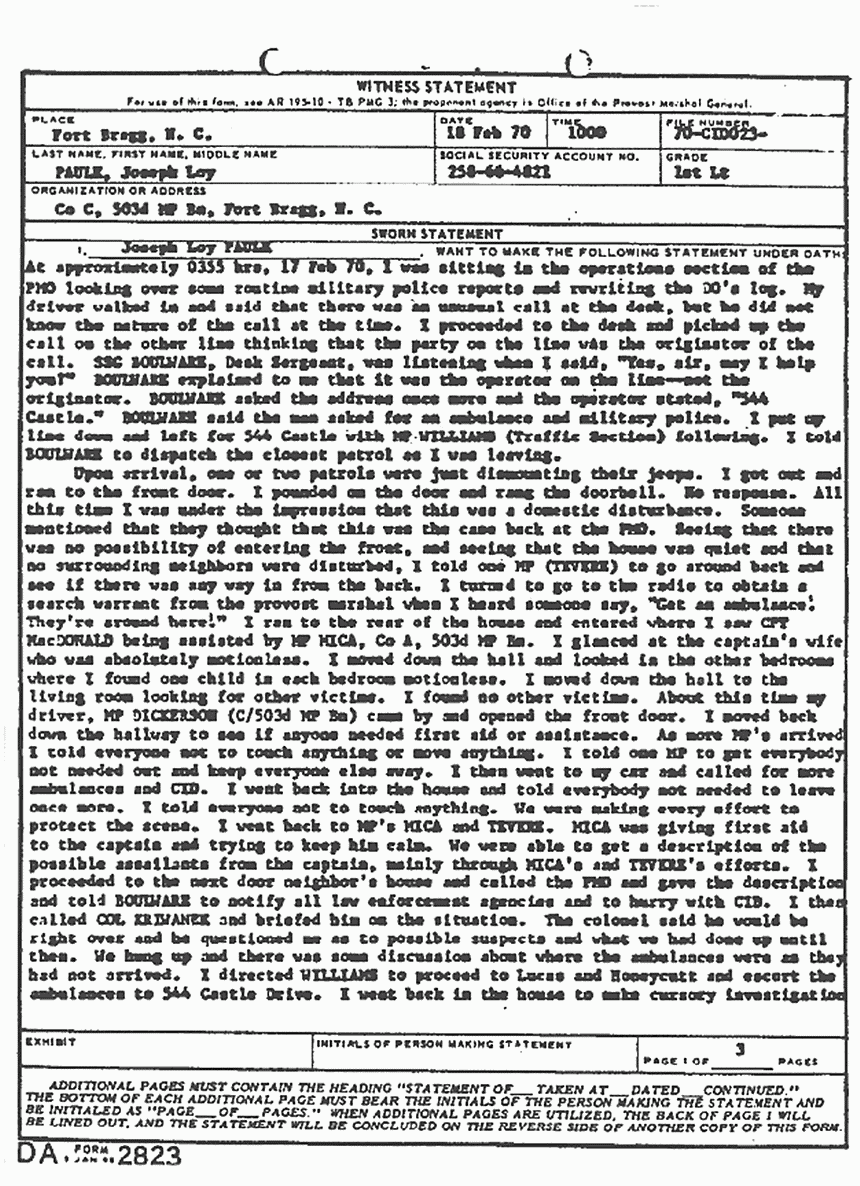 February 18, 1970: Statement of Lt. Joseph Paulk, p. 1 of 3