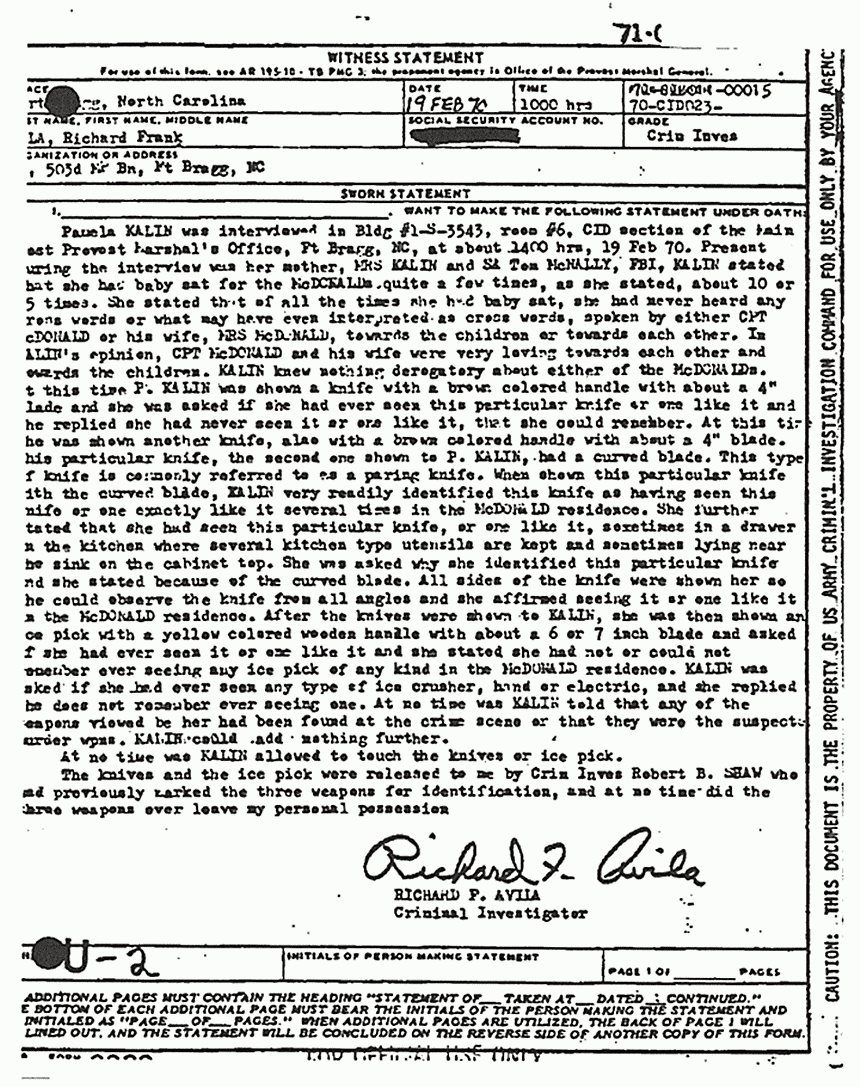 February 19, 1970: Statement of Richard Avila (CID) re: Interview of Pamela Kalin