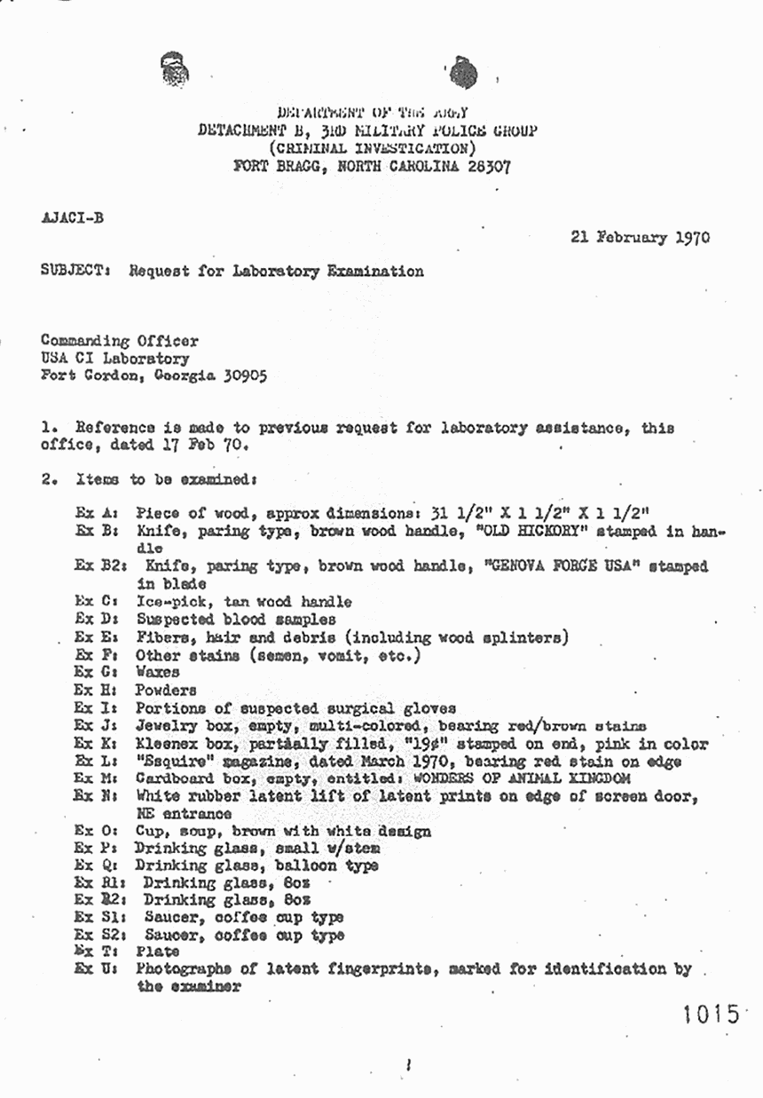 February 21, 1970: Letter from Robert Shaw and Franz Grebner re: Request for Laboratory Examination, p. 1 of 2