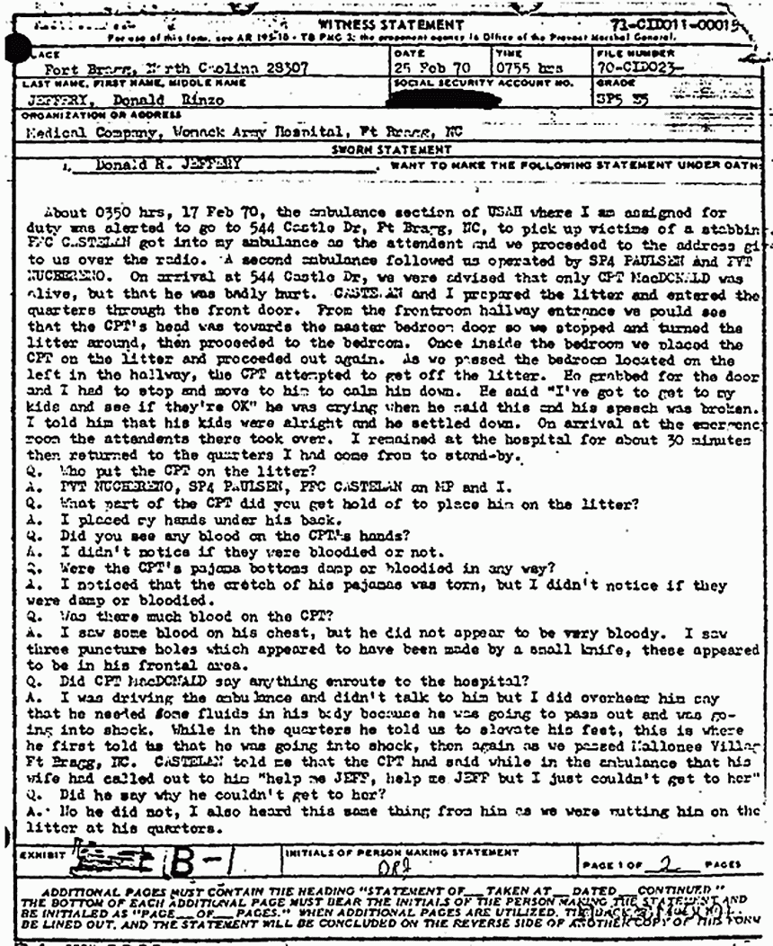 December 28, 1970: Statement of Donald Jeffery (medical corpsman),  p. 1 of 2