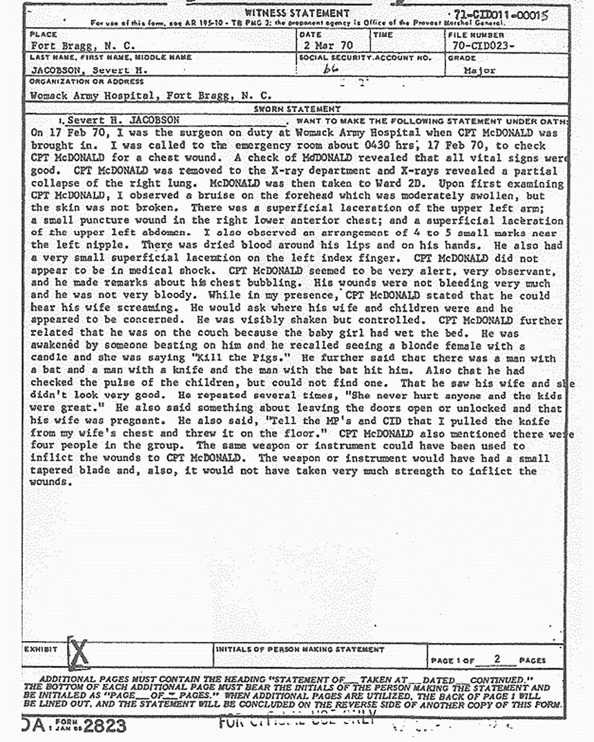 March 2, 1970: Statement of Dr. Severt Jacobson re: Jeffrey MacDonald's injuries, p. 1 of 2