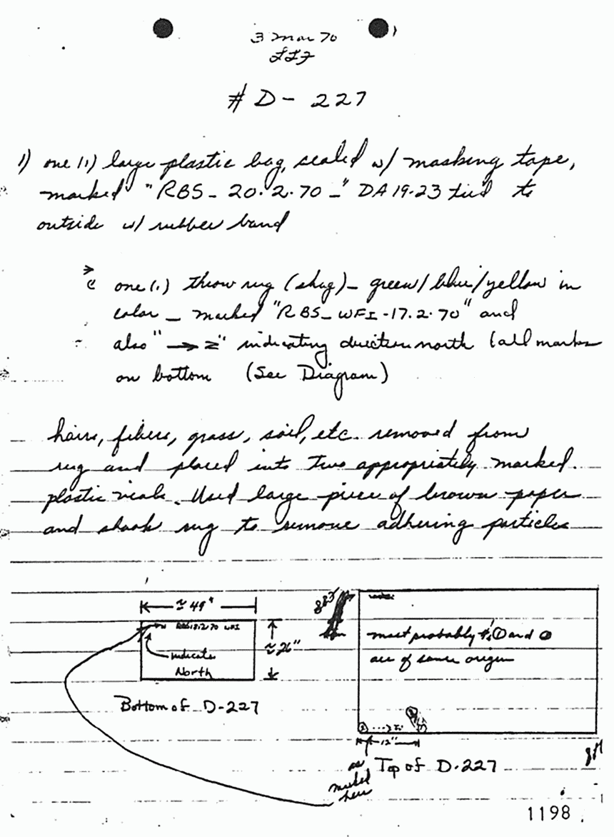 March 3, 1970: Notes of Janice Glisson (CID) re: evidence examined by Larry Flinn (CID), p. 1 of 5