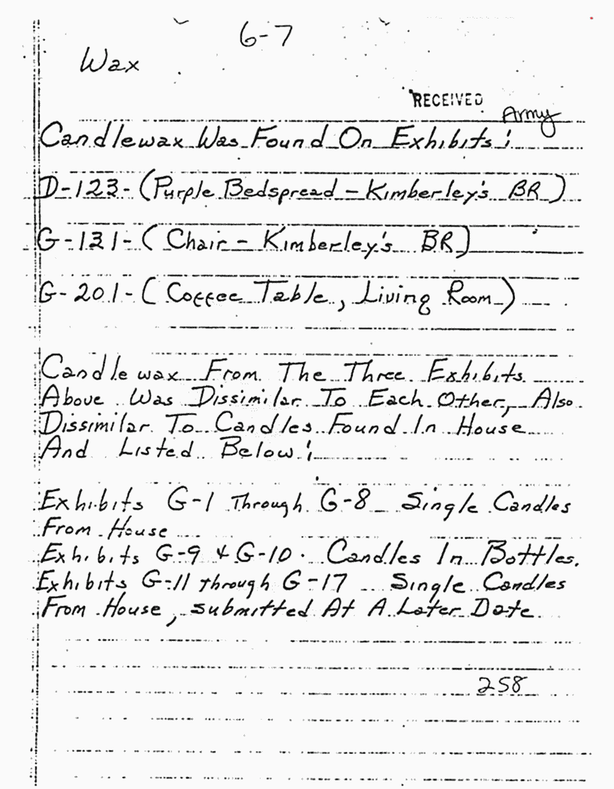 Circa March 1970: Notes of Craig Chamberlain (CID) re: Fibers, debris, hairs, paint, wax and wood evidence, p. 9 of 10