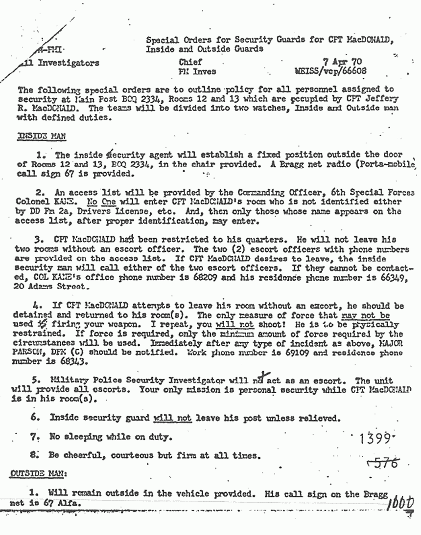 April 7, 1970: David Weiss's orders re: MP guards, p. 1 of 2