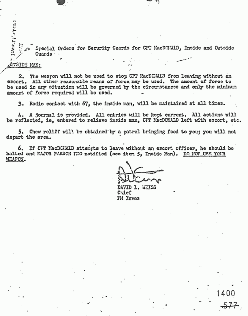 April 7, 1970: David Weiss's orders re: MP guards, p. 2 of 2