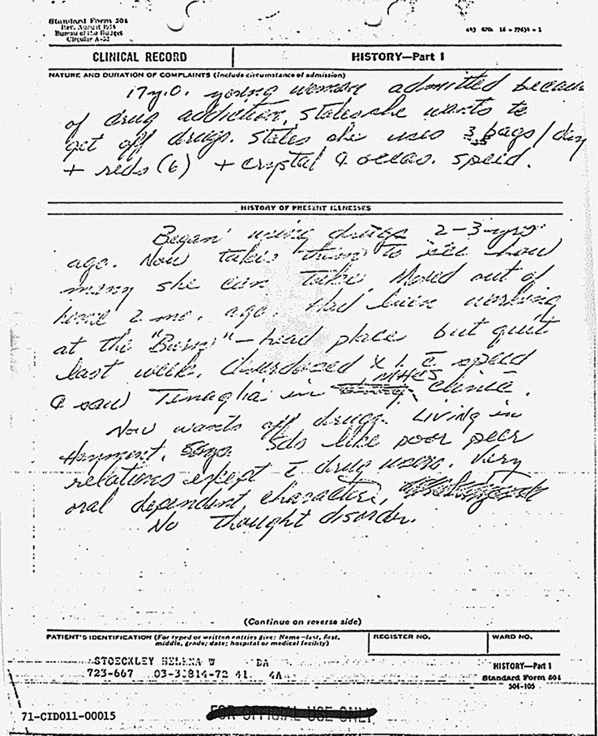 April 14, 1970: Abbreviated report of Helena Stoeckley's April 13 hospital admission, p. 1 of 2