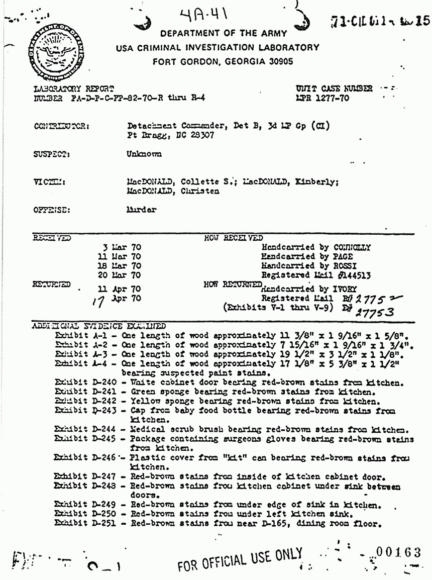 April 17, 1970: USACIL Report FA-D-P-C-FP-82-70-R thru R-4, p. 1 of 7