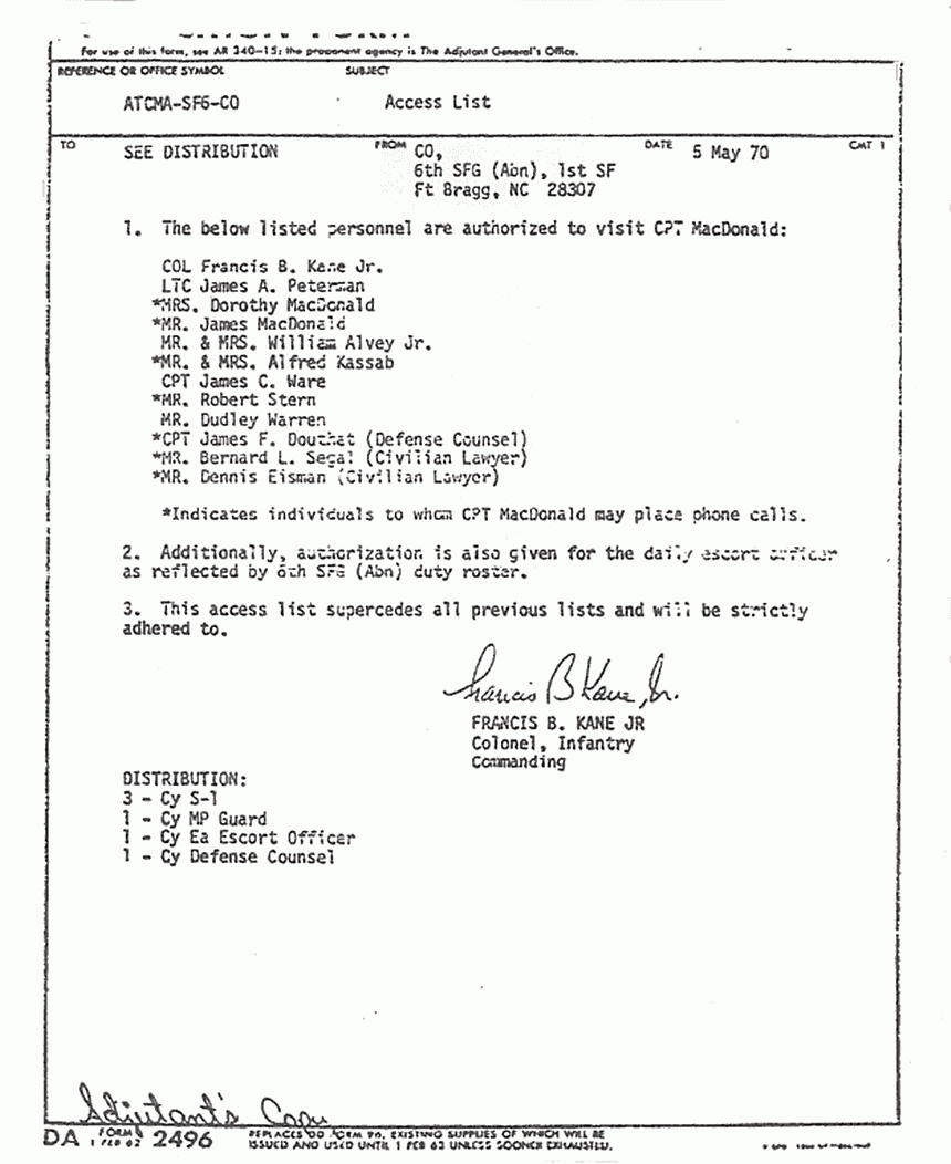 May 5, 1970: Col. Kane's orders re: Access list for Jeffrey MacDonald's authorized visitors and phone calls