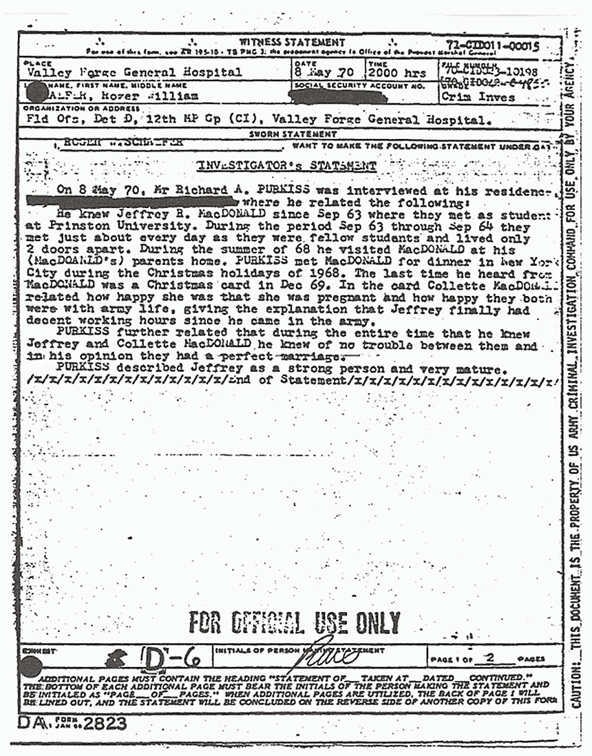May 8, 1970: Statement of Roger Schaefer (CID) re: the finding of Jeffrey MacDonald's wallet,  p. 1 of 2