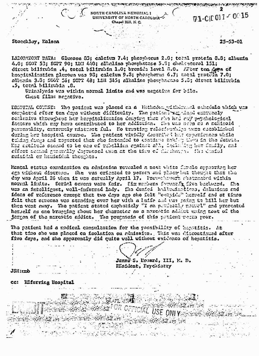 May 14, 1970: Psychiatric report re: Helena Stoeckley's April 17, 1970 hospital admission, p. 2 of 2