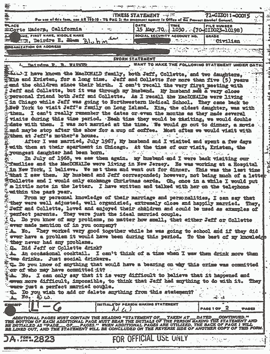 May 15, 1970: Statement of Deirdre Warner re: the finding of Jeffrey MacDonald's wallet,  p. 1 of 2