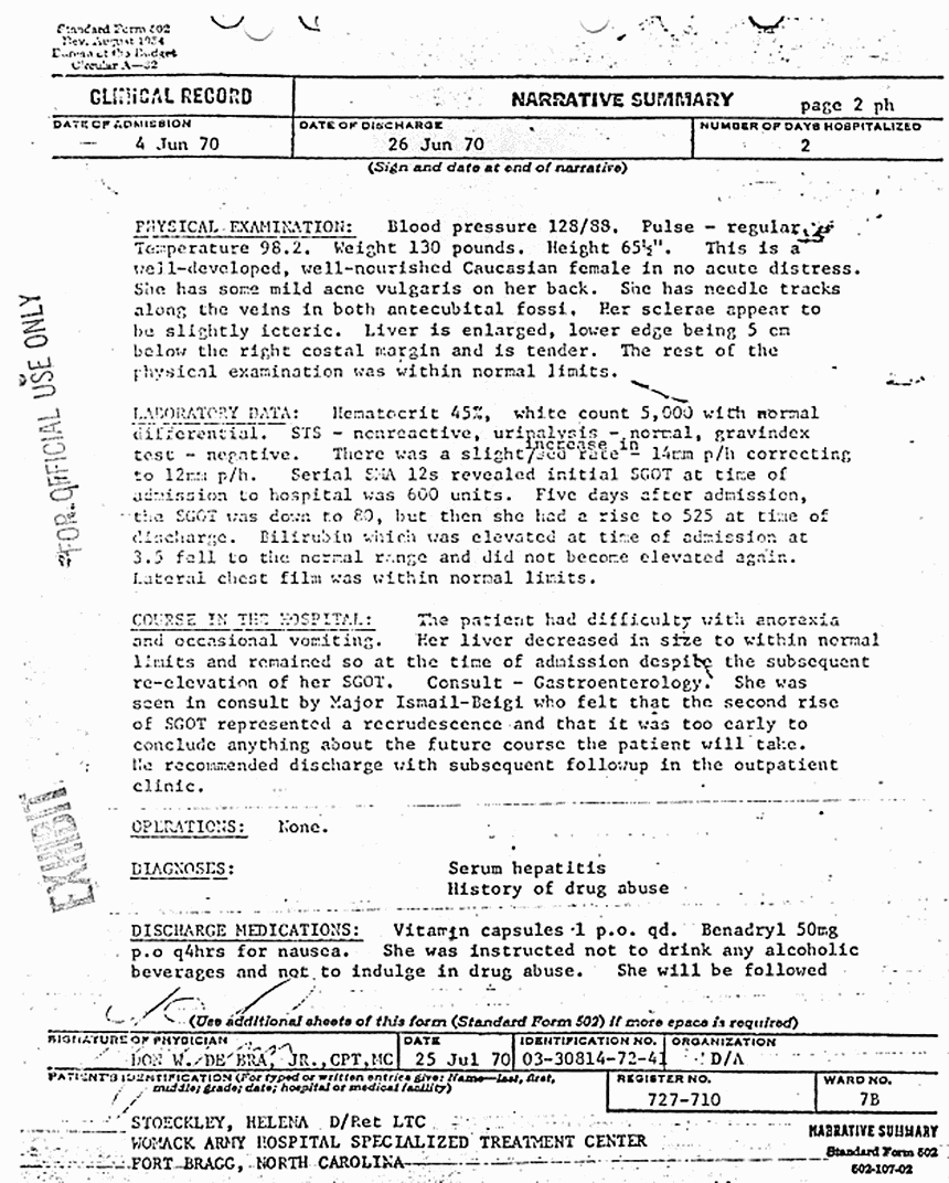 June 4, 1970: Medical report re: Helena Stoeckley's June 4 hospital admission, p. 4 of 5