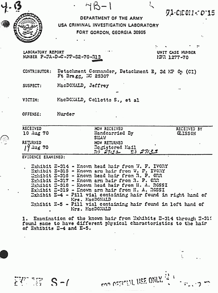 August 19, 1970: USACIL Report P-FA-D-C-FP-82-70-R13, p. 1 of 2