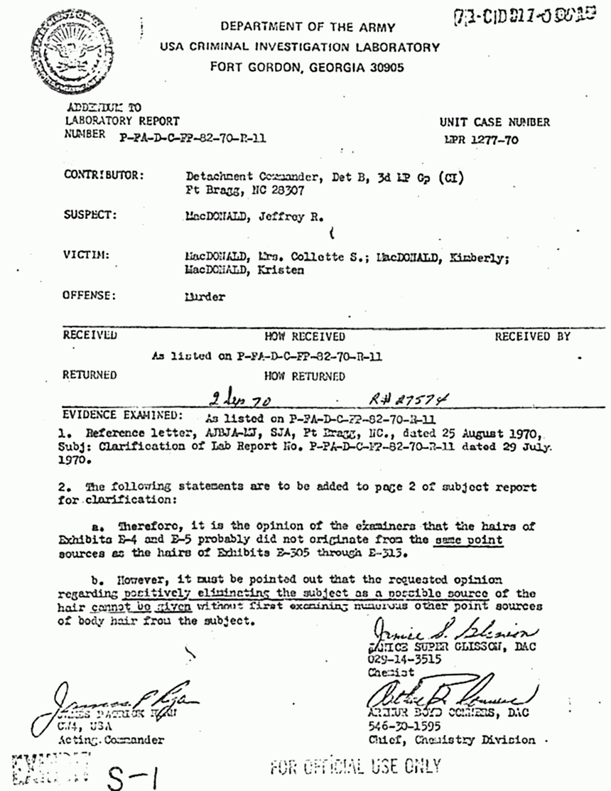 September 2, 1970: USACIL Report P-FA-D-C-FP-82-70-R-11 (Addendum)