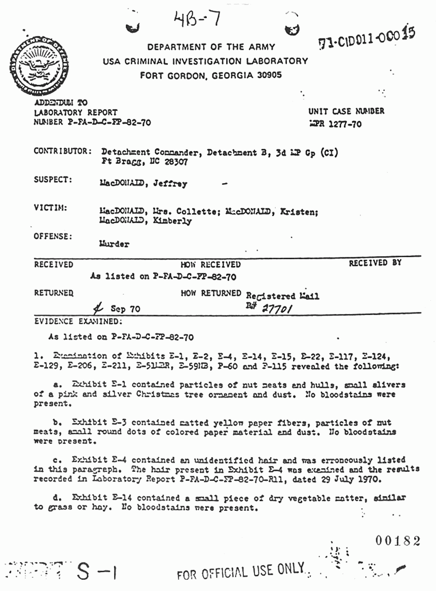 September 4, 1970: USACIL Report P-FA-D-C-FP-82-70 (Addendum), p. 1 of 3