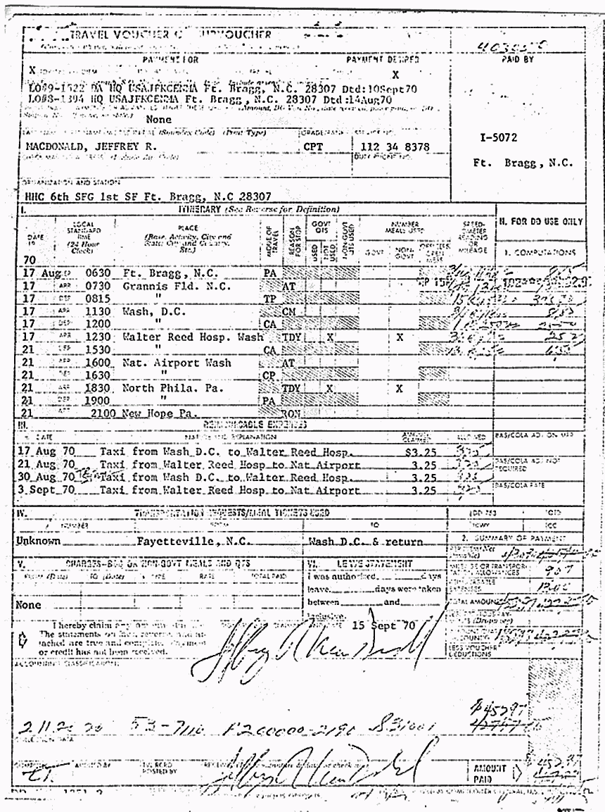 September 15, 1970: Travel Voucher No. 403050 in which Jeffrey MacDonald was paid for 9 days of temporary duty between August 21-30, 1970, at New Hope, Pennsylvania,  p. 1 of 2