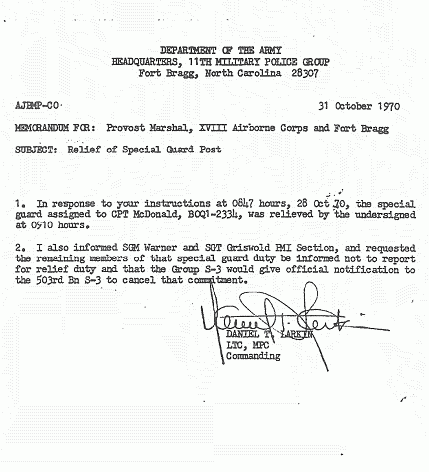 October 31, 1970: Memorandum for the Provost Marshal (Col. Kriwanek) re: Relief of Special Guard Post for Jeffrey MacDonald