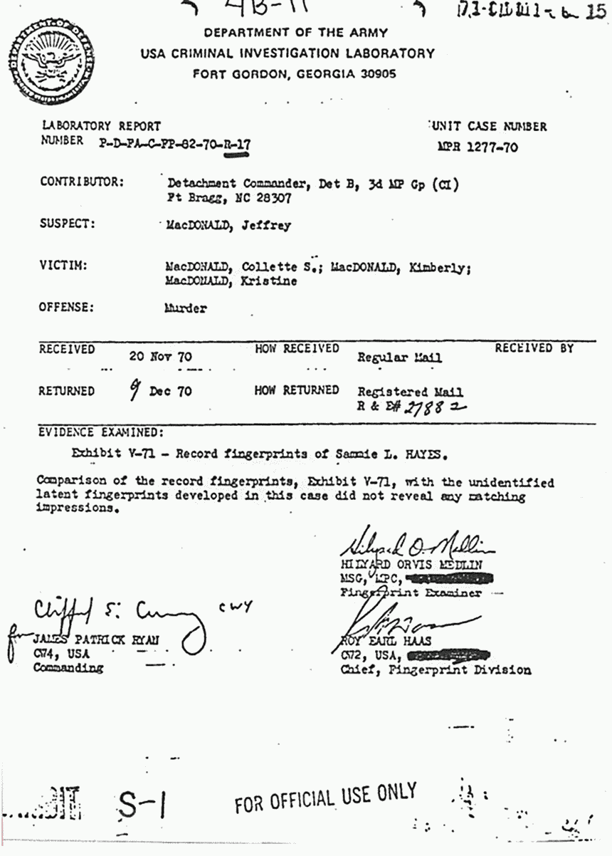 December 9, 1970: USACIL Report P-D-FA-C-FP-82-70-R-17