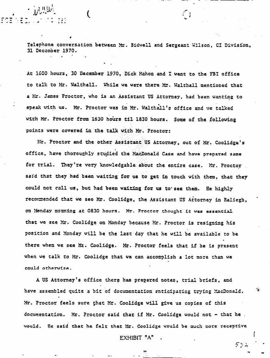 December 31, 1970: Telephone conversation between Mr. Bidwell and Sgt. Wilson re: statements of James Proctor, p. 1 of 4