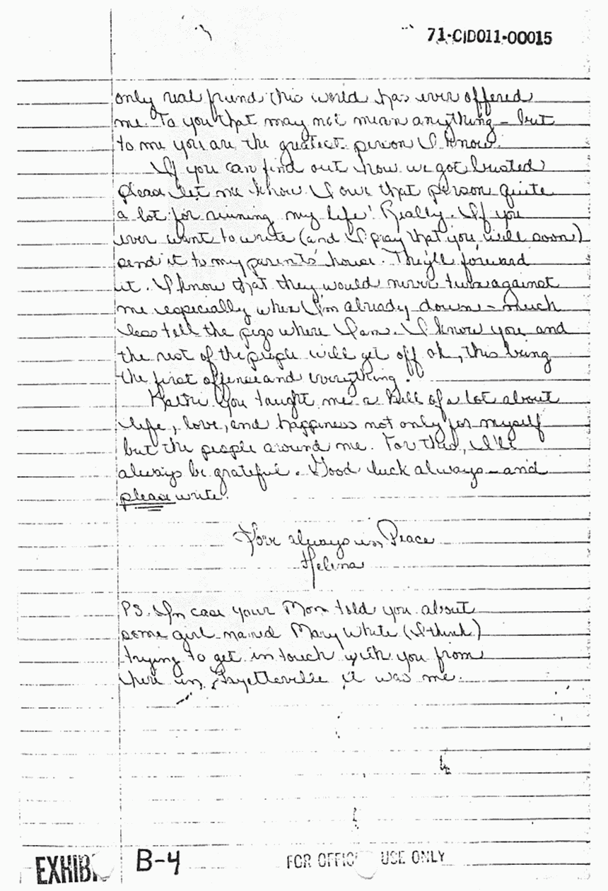 Circa 1970: Letter from Helena Stoeckley to Kathy Smith, p. 3 of 4