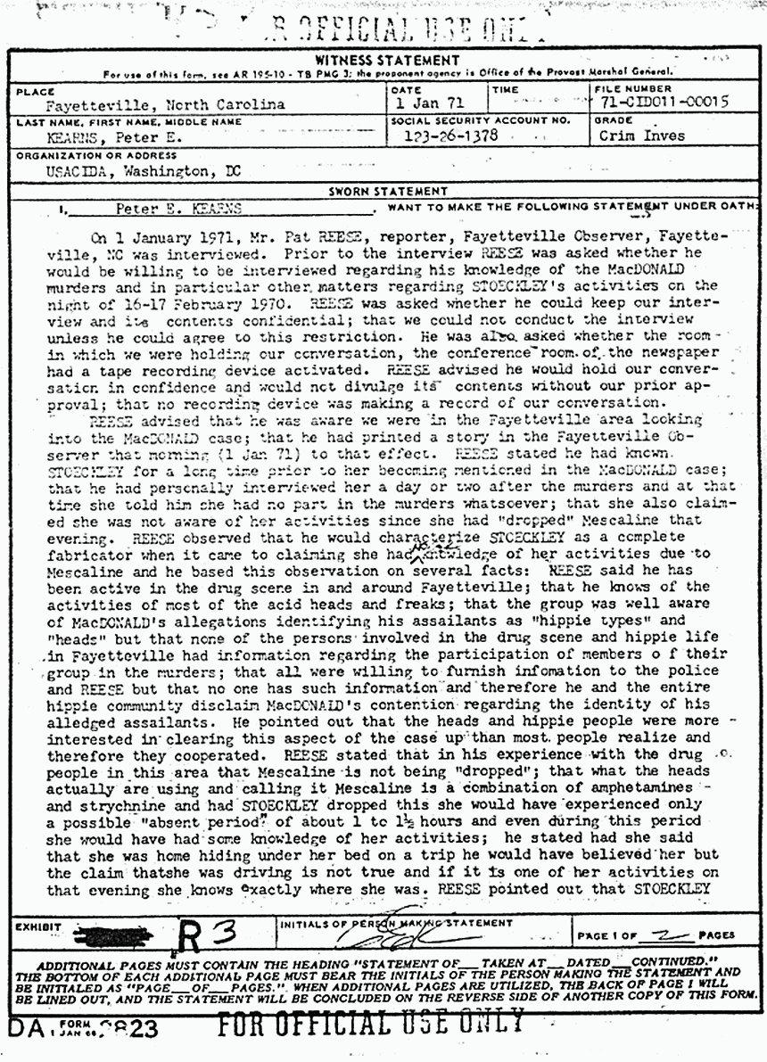 January 1, 1971: Statement of Peter Kearns re: Pat Reese and Helena Stoeckley,  p. 1 of 2