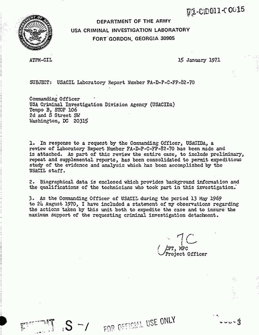 January 15, 1971: Letter from Cpt. Joel Leson (Commanding Officer, USACIL) to USA Criminal Investigation Division Agency (USACIDA) re: review of report