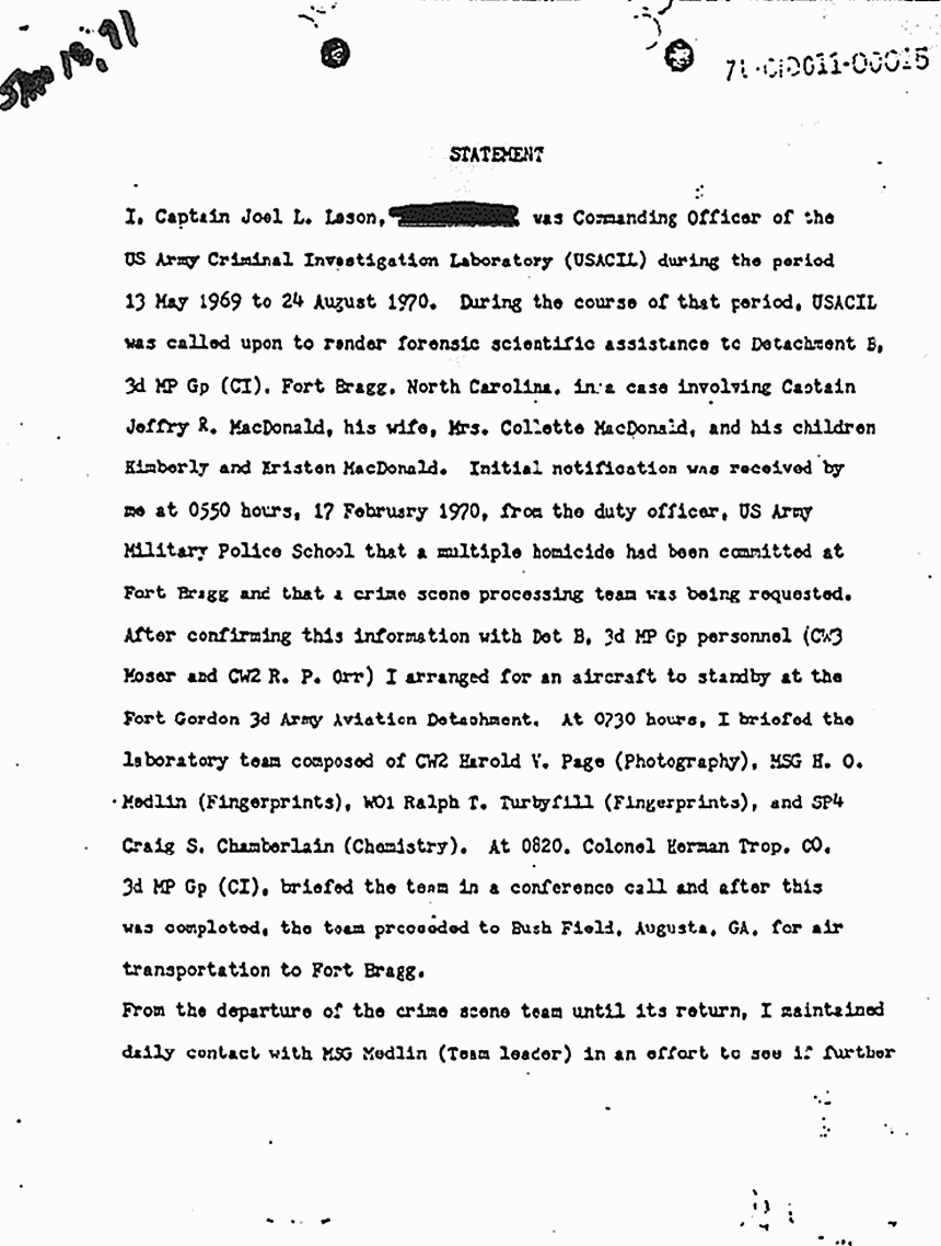 Jan. 15, 1971: USACIL Report FA-D-P-C-FP-82-70: Version 1 of letter from Cpt. Joel Leson to USACIDA re: review of report, p. 1 of 3