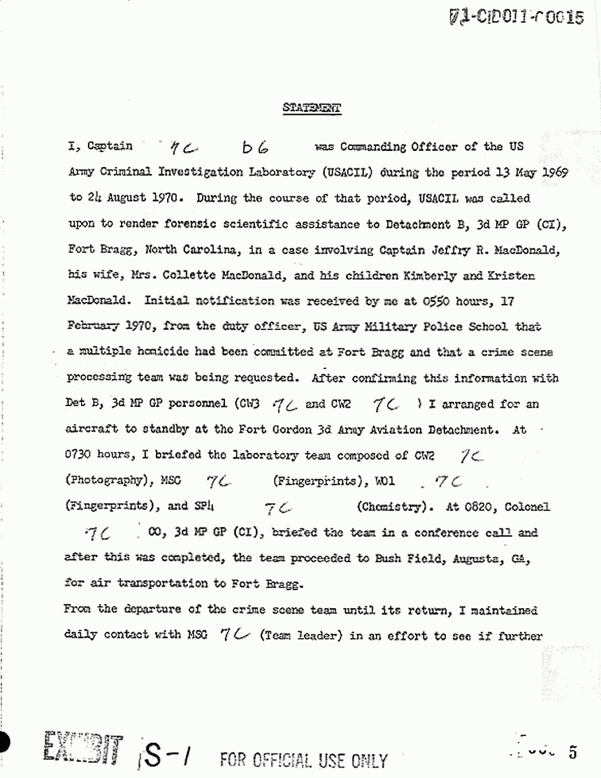 Jan. 15, 1971: USACIL Report FA-D-P-C-FP-82-70: Version 2 of letter from Cpt. Joel Leson to USACIDA re: review of report, p. 1 of 3