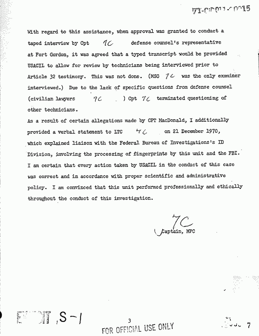 Jan. 15, 1971: USACIL Report FA-D-P-C-FP-82-70: Version 2 of letter from Cpt. Joel Leson to USACIDA re: review of report, p. 3 of 3