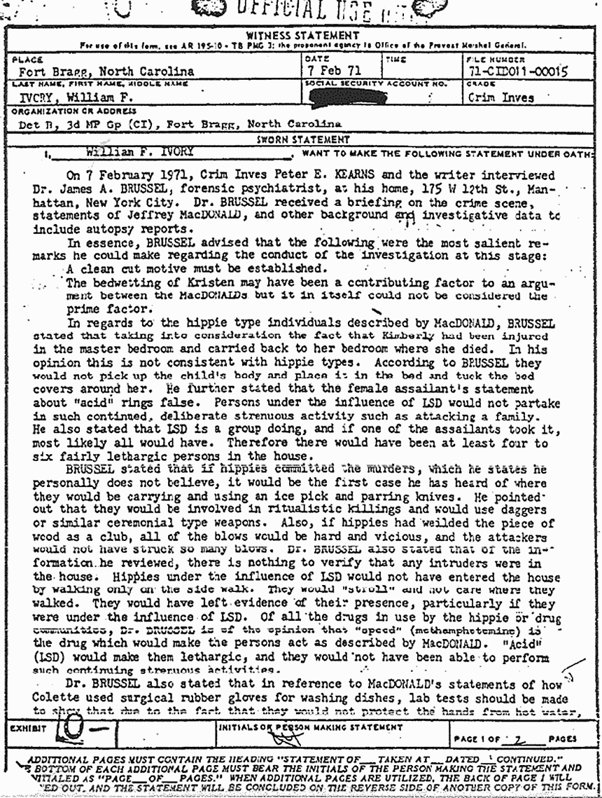 February 7, 1971: Statement of William Ivory re: interview of Dr. James Brussel,  p. 1 of 2