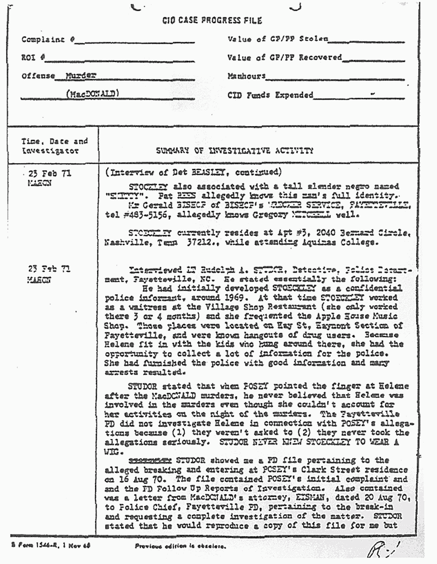 February 23, 1971: Case Progress File re: Helena Stoeckley and William Posey, p. 1 of 3