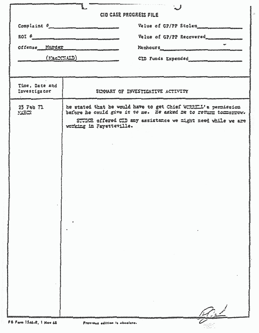 February 23, 1971: Case Progress File re: Helena Stoeckley and William Posey, p. 2 of 3