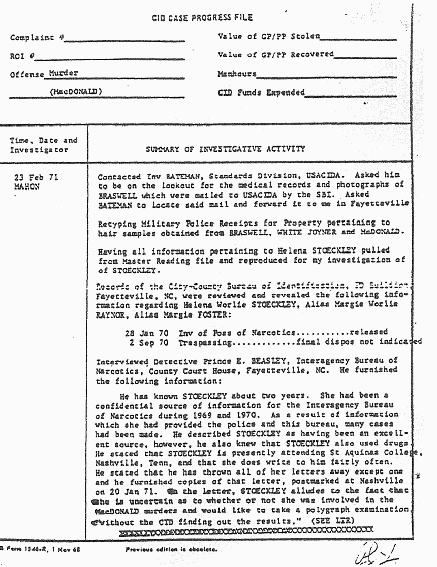 February 23, 1971: Case Progress File re: Helena Stoeckley and William Posey, p. 3 of 3