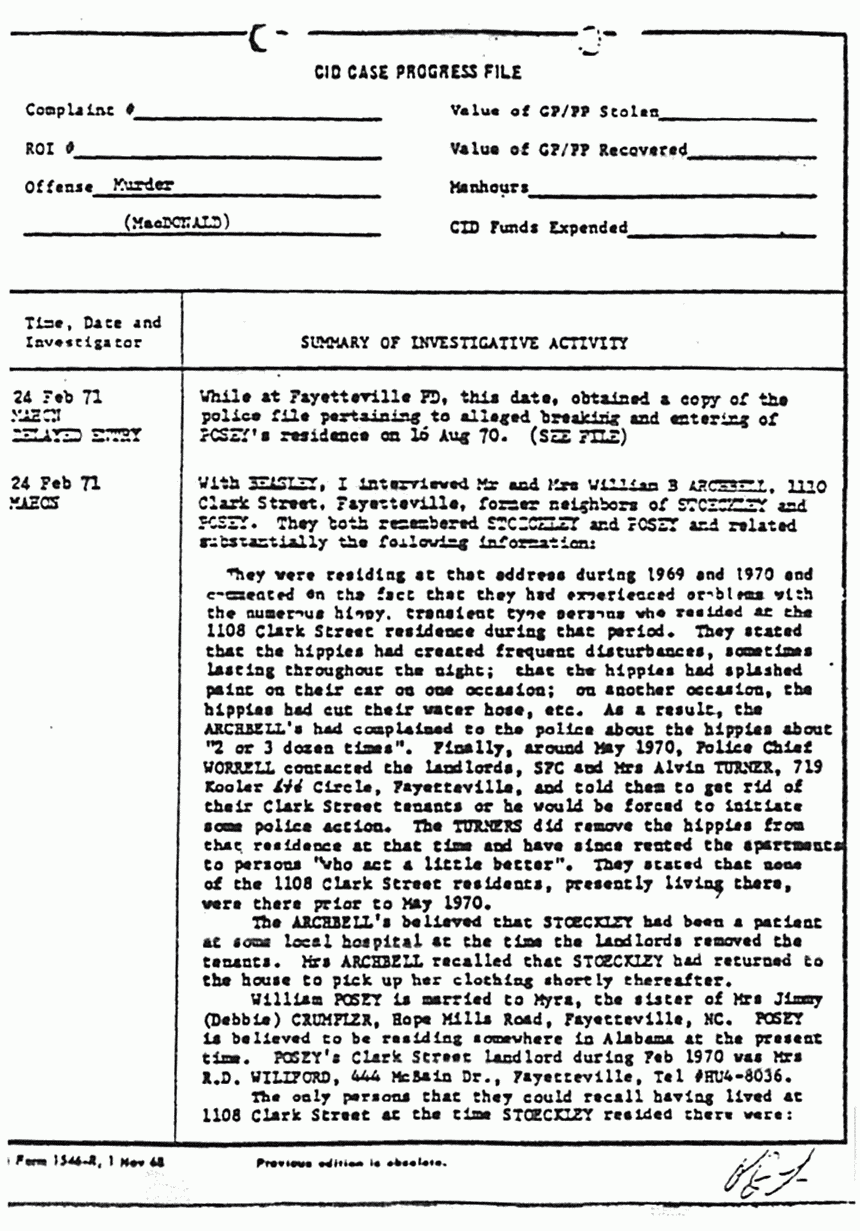 February 24, 1971: Case Progress File excerpts, p. 1 of 2