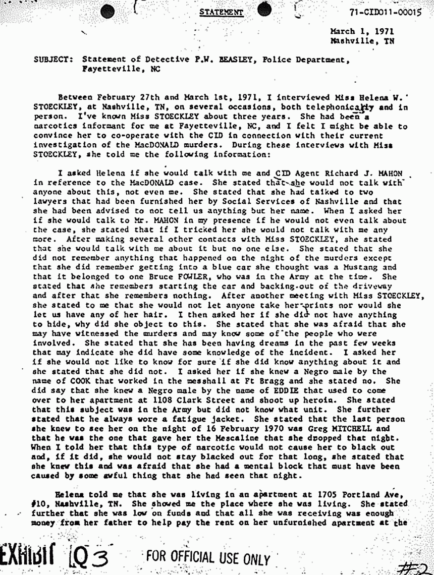 March 1, 1971: Statement of Prince Beasley re: interview of Helena Stoeckley, p. 1 of 4