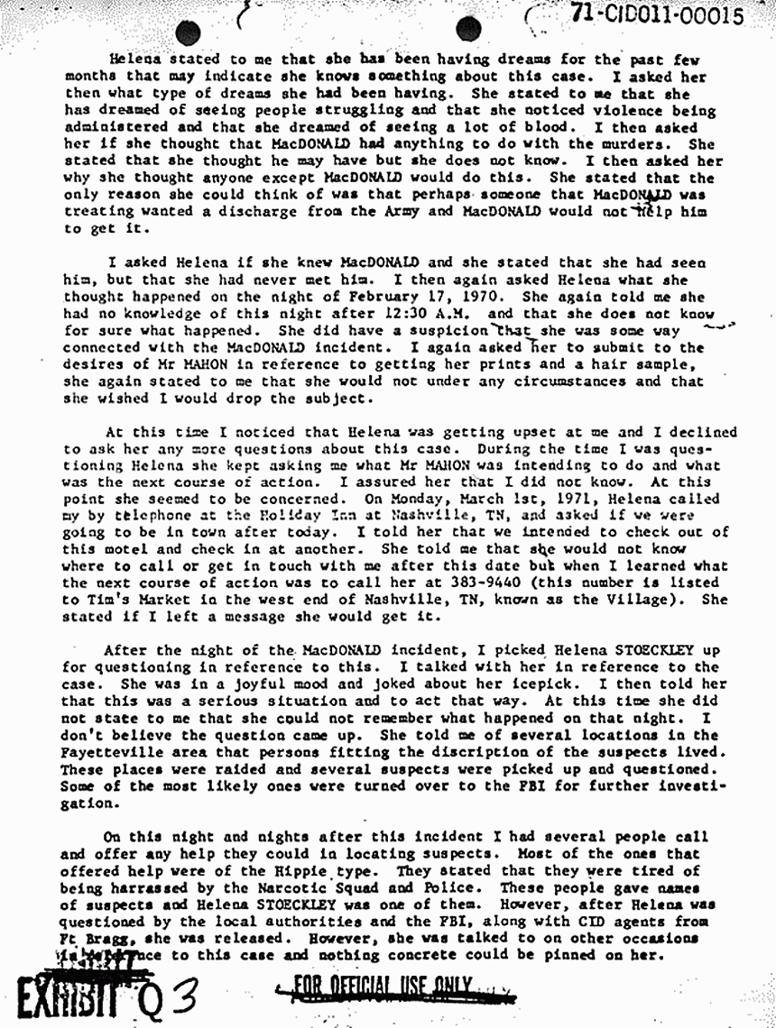 March 1, 1971: Statement of Prince Beasley re: interview of Helena Stoeckley, p. 3 of 4