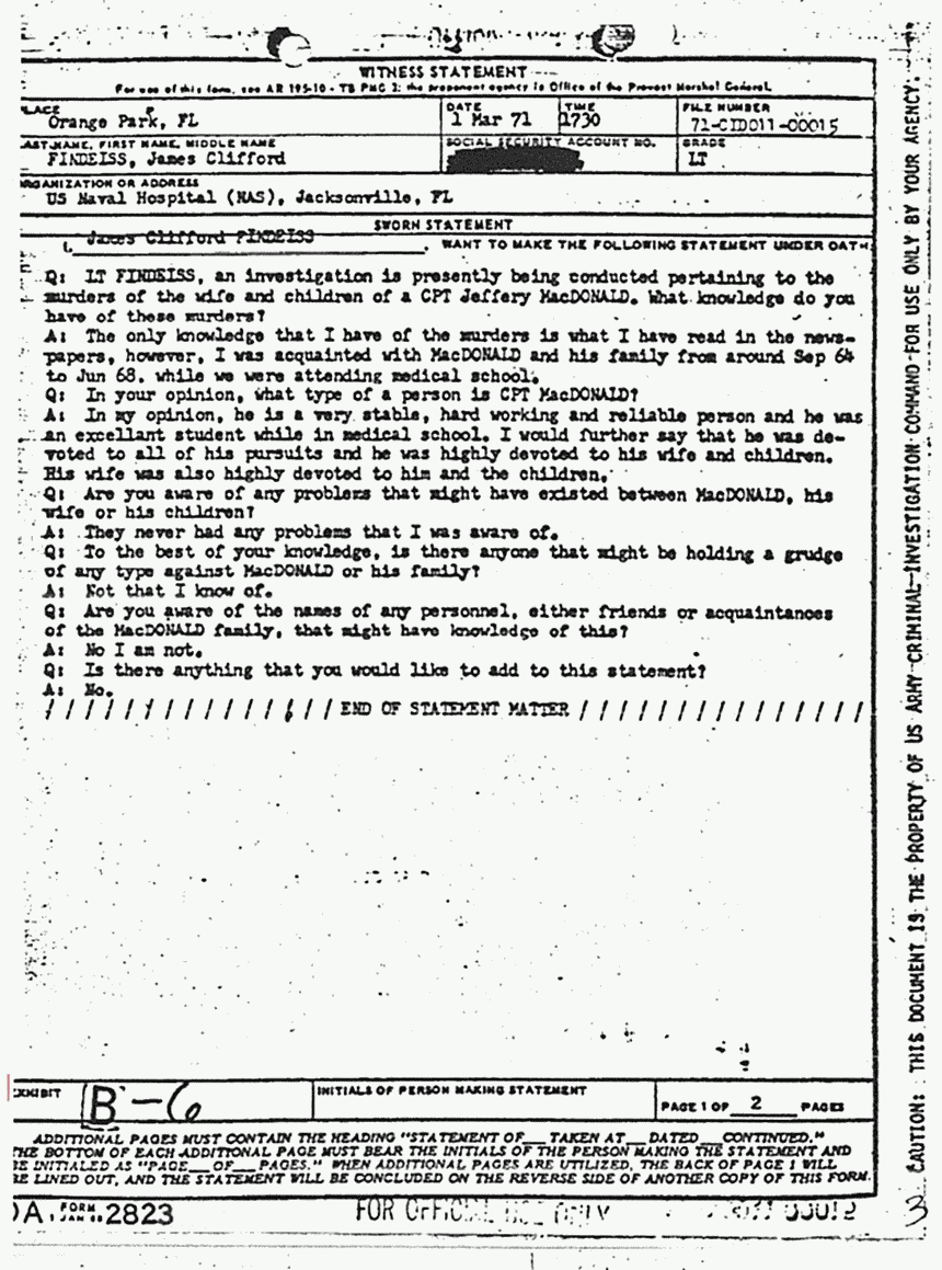 March 1, 1971: Statement of James Findeiss, p. 1 of 2