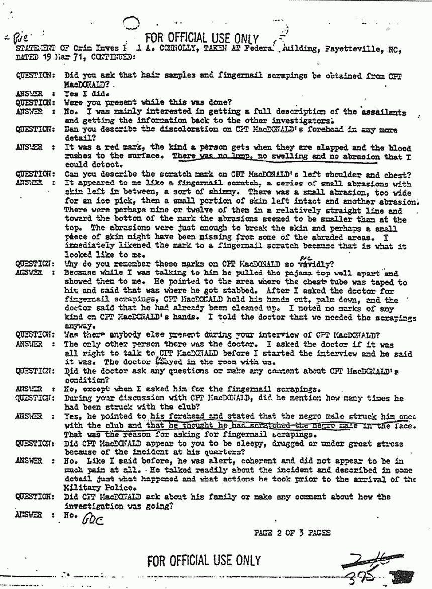 March 19, 1971: Statement of Paul Connolly re: MacDonald's condition on Feb. 17, 1970, p. 2 of 3