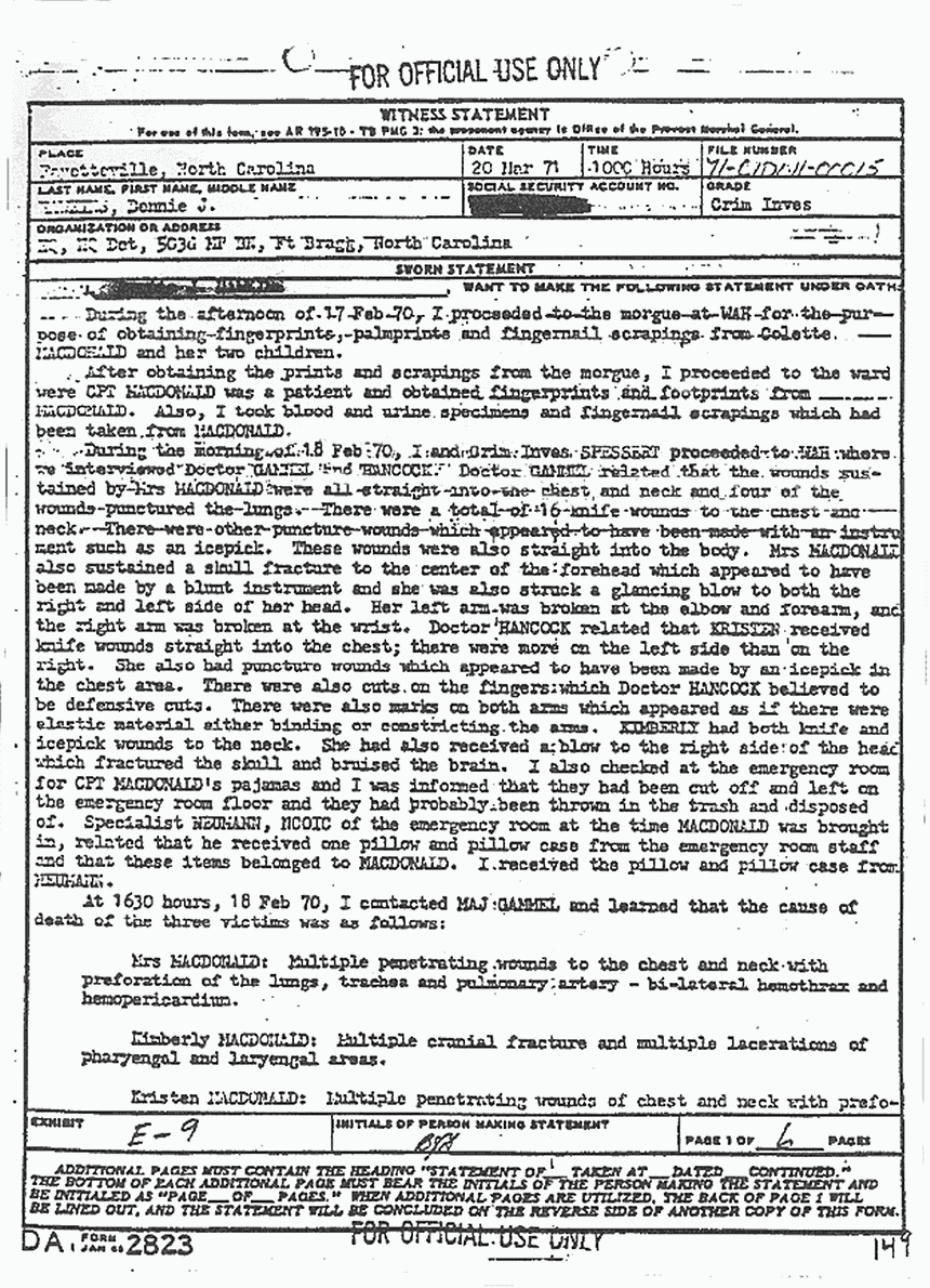 March 20, 1971: Statement of Bennie Hawkins re: Wounds, Ron Harrison, Kimberley MacDonald, and Dec. 6, 1969 Jump Party, p. 1 of 6