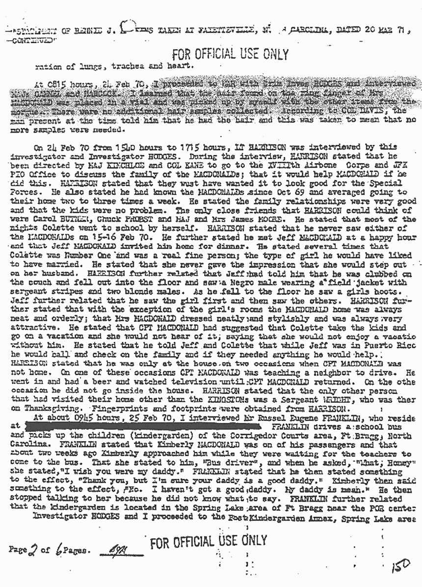 March 20, 1971: Statement of Bennie Hawkins re: Wounds, Ron Harrison, Kimberley MacDonald, and Dec. 6, 1969 Jump Party, p. 2 of 6