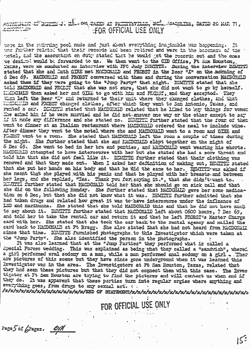 March 20, 1971: Statement of Bennie Hawkins re: Wounds, Ron Harrison, Kimberley MacDonald, and Dec. 6, 1969 Jump Party, p. 5 of 6