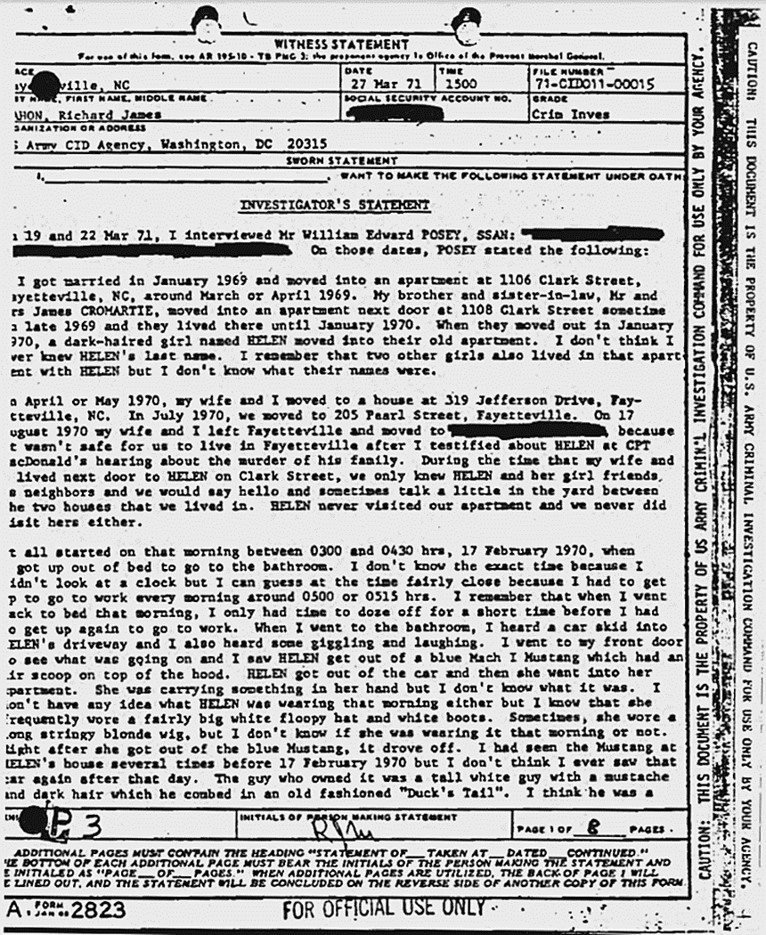 March 27, 1971: Statement of Richard Mahon re: interview of William Posey, p. 1 of 8