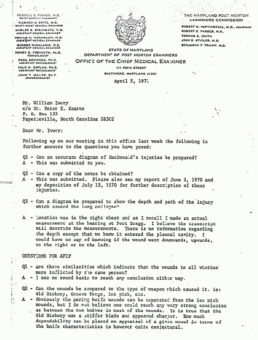 April 5, 1971: Letter from Dr. Russell Fisher to William Ivory re: clarifications, p. 1 of 5