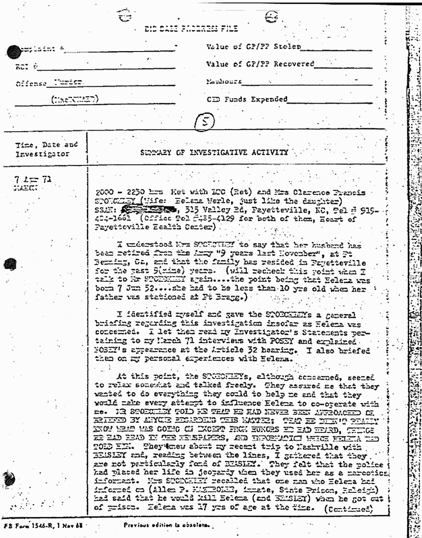 April 7, 1971: Case Progress File re: contacting Mr. and Mrs. Clarence Stoeckley, p. 1 of 4
