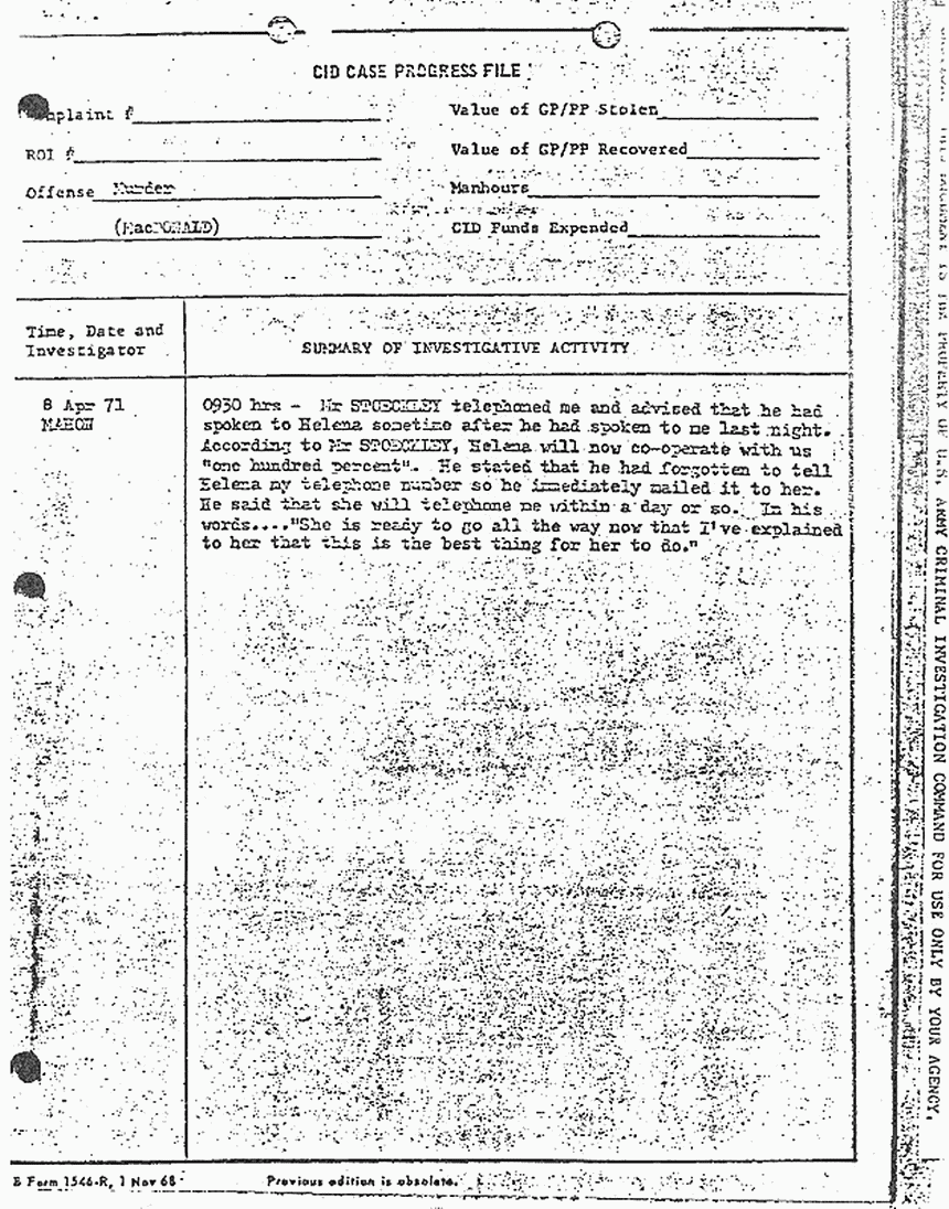 April 8, 1971: Case Progress File re: contact with Mr. Clarence Stoeckley